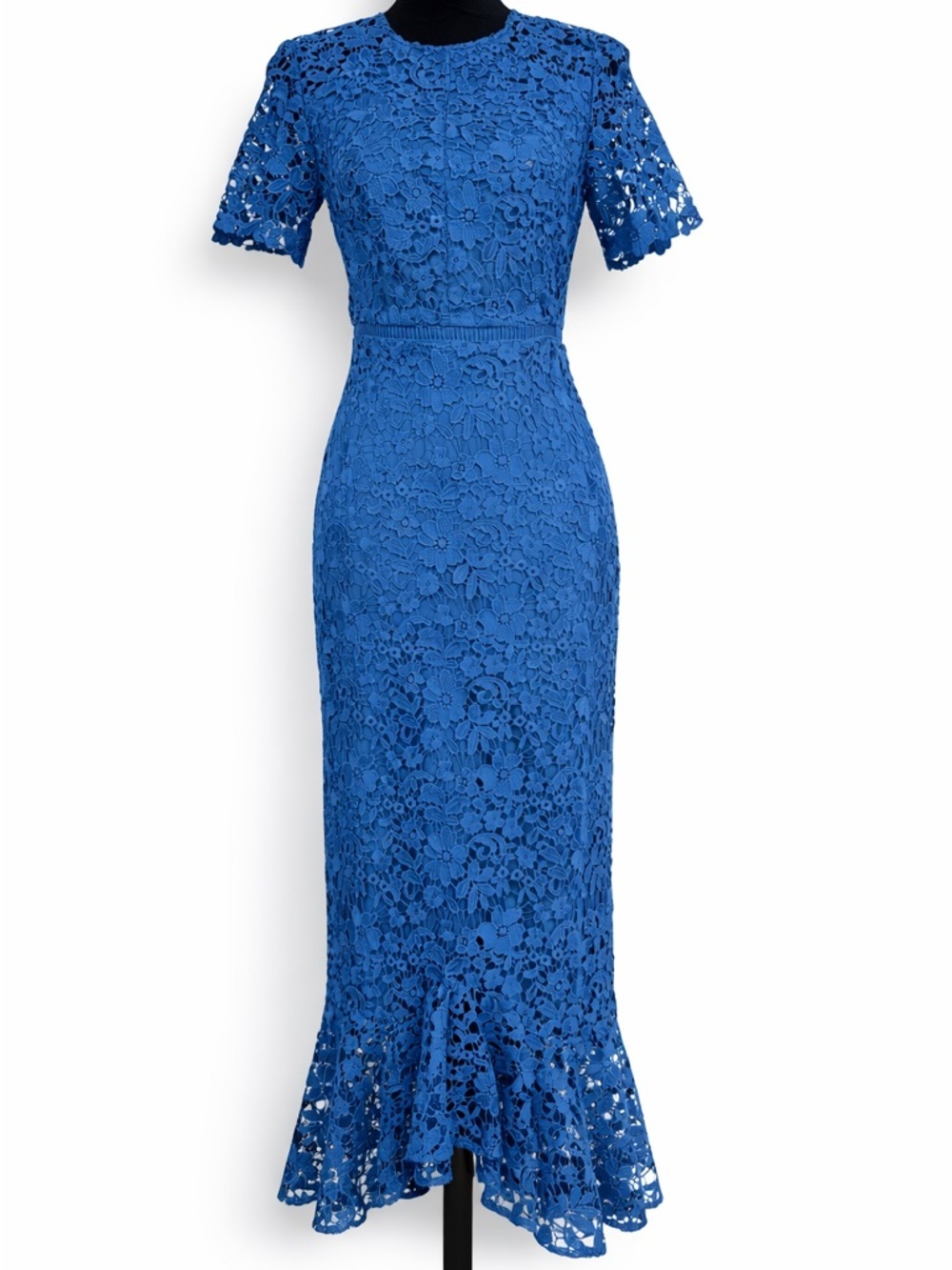 Shoshanna Blue Lace Midi Dress Size 0 Floral Crochet Fitted Ruffle Hem - Picture 2 of 15
